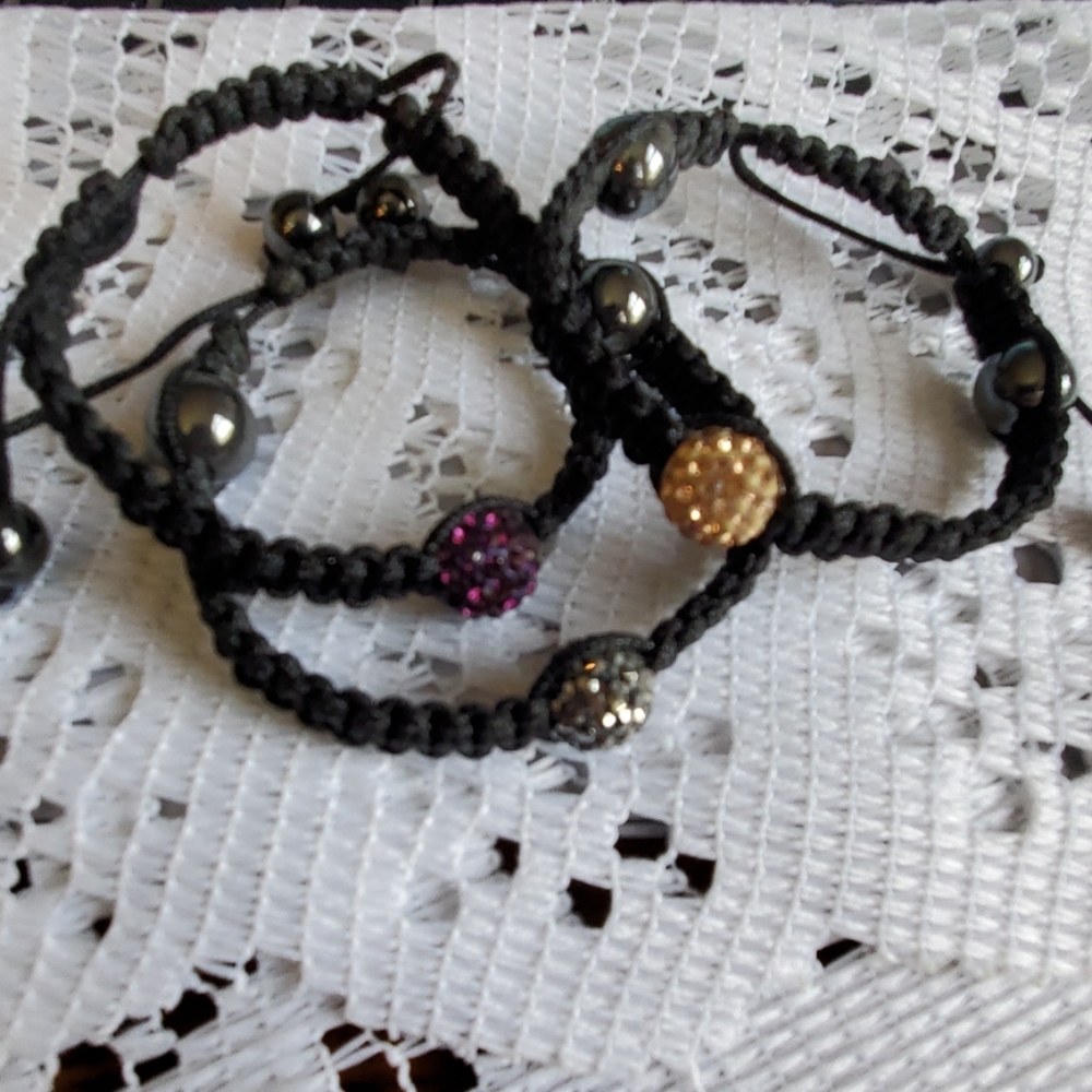Three Single Bead Shamballa Type Bracelets